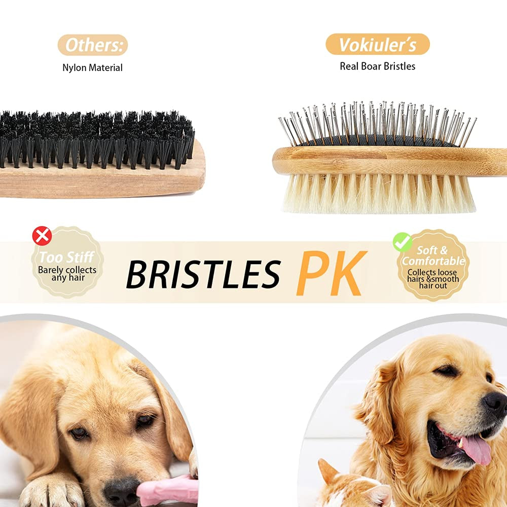 Dog Brush Cat Brush, Vokiuler Double Sided Bristle and Pin Pet Brush for Dog Grooming, Real Boar Bristle Shedding Brush with Bamboo Handle for Long Short Hair, 2 Pack Dog Comb, White