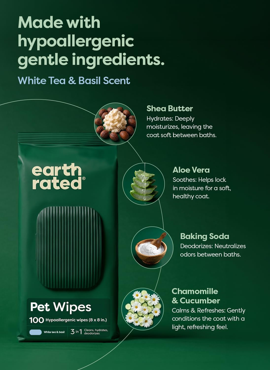 3-In-1 Dog Wipes for Paws & Butt, Deodorizing, White Tea & Basil 100Ct