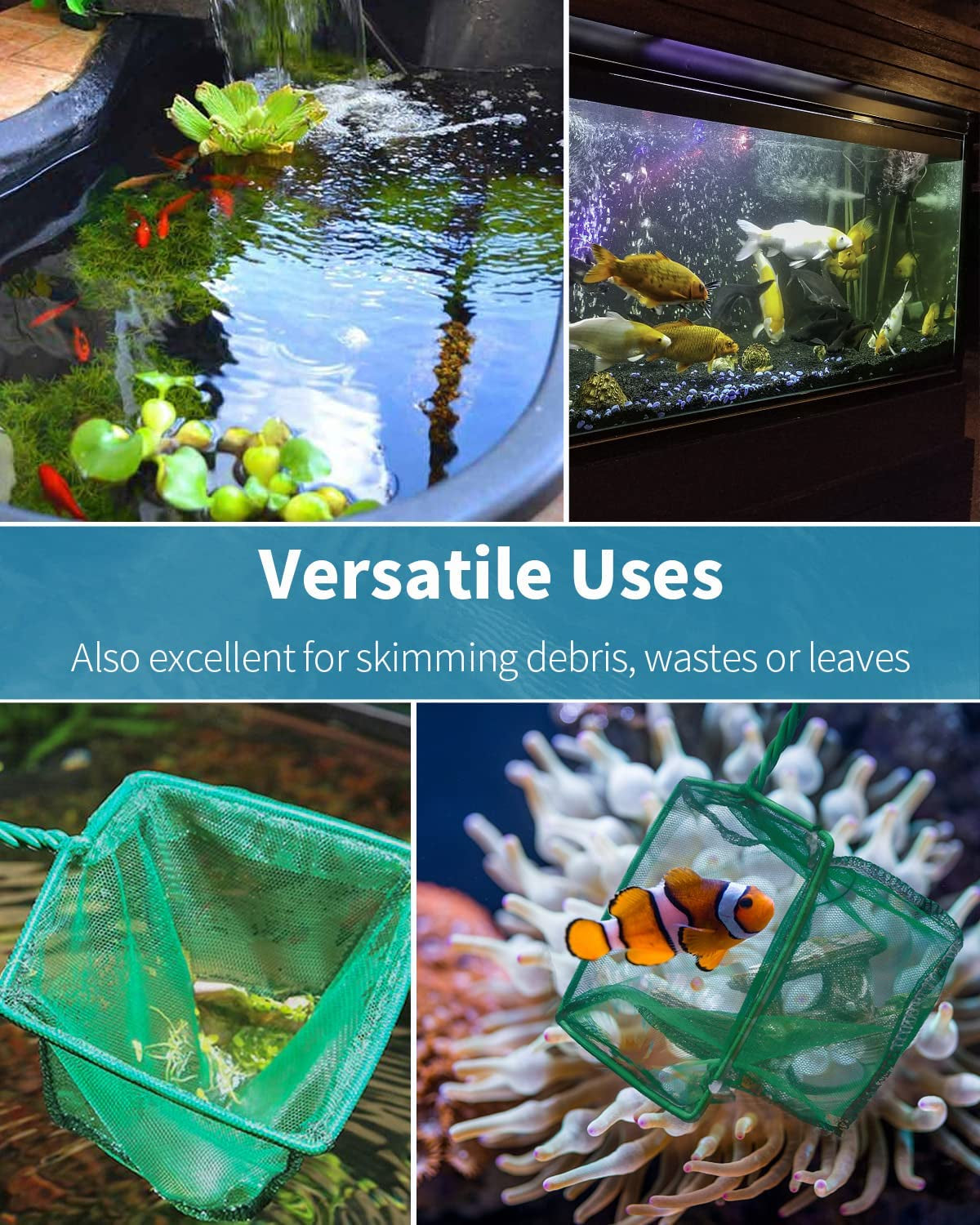 Pawfly Aquarium Fish Net with Braided Metal Handle Square Net with Soft Fine Mesh Sludge Food Residue Wastes Skimming Cleaning Net for Fish Tanks Small Koi Ponds and Pools