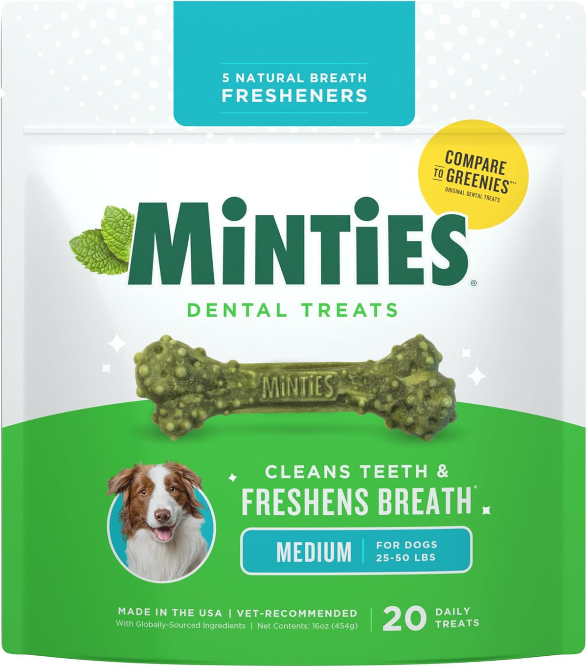 Minties Mint Dental Chews for Dogs, Medium 25-50 Lbs, 20 Ct