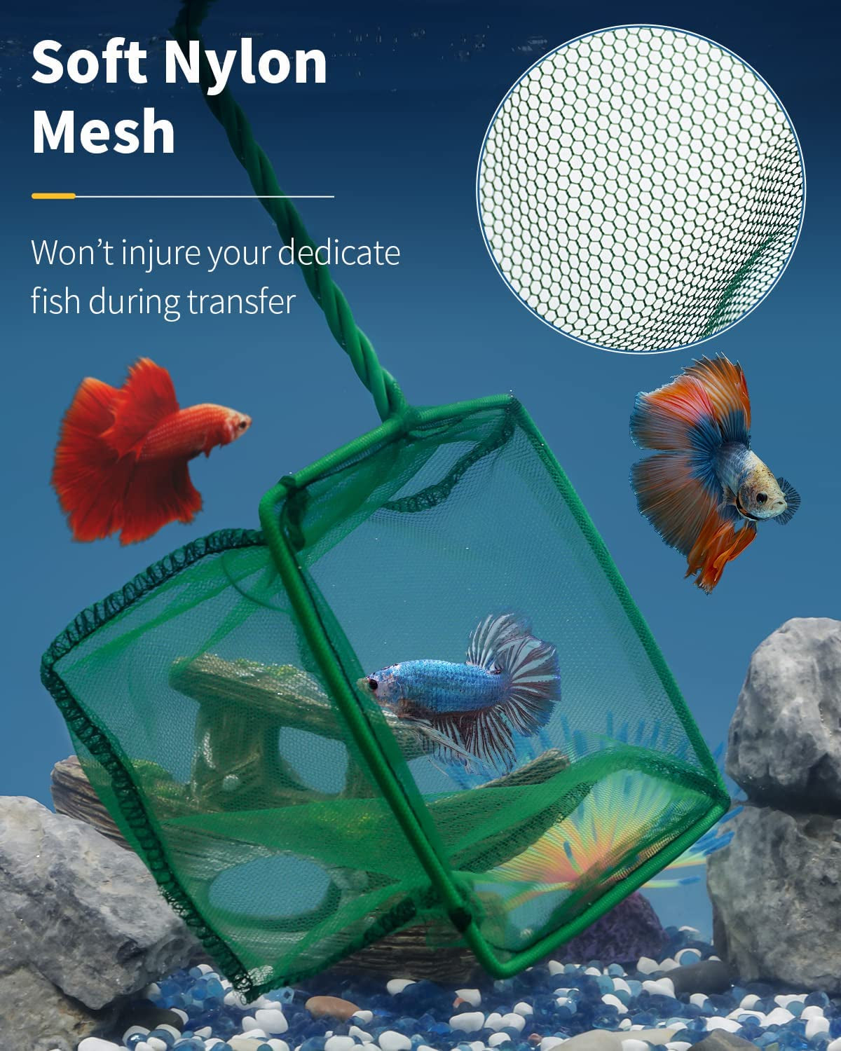 Pawfly Aquarium Fish Net with Braided Metal Handle Square Net with Soft Fine Mesh Sludge Food Residue Wastes Skimming Cleaning Net for Fish Tanks Small Koi Ponds and Pools