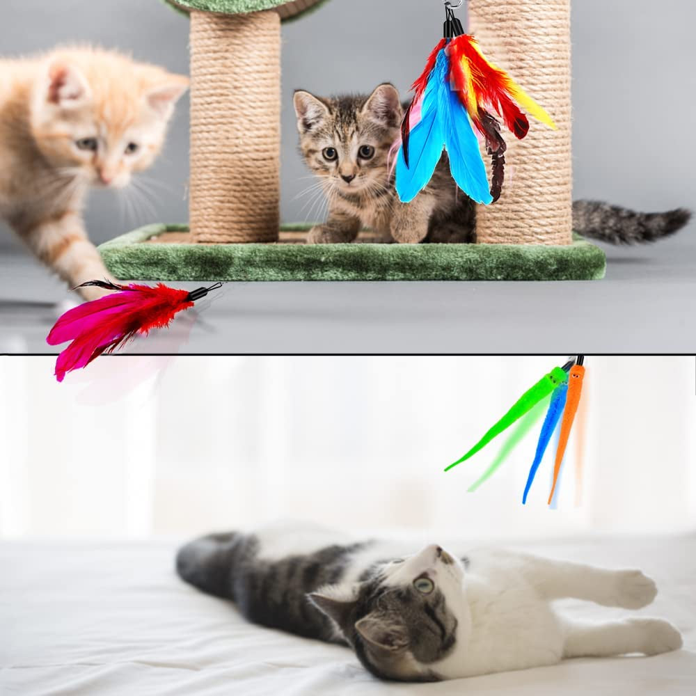 Cat Toy Wand, Retractable Cat Feather Toys and Replacement Refills with Bells, Interactive Cat Toys for Cat Kitten Exercise