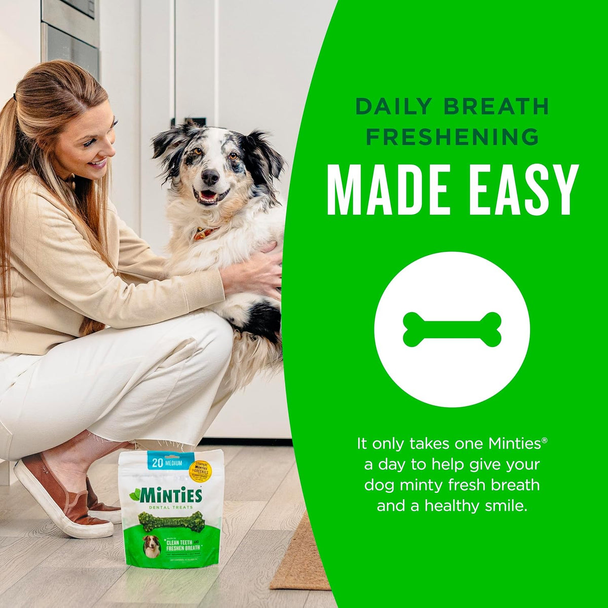 Minties Mint Dental Chews for Dogs, Medium 25-50 Lbs, 20 Ct
