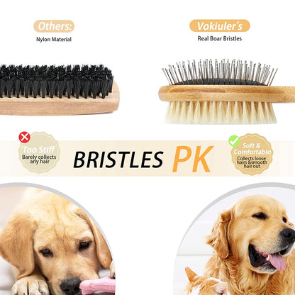 Dog Brush Cat Brush, Vokiuler Double Sided Bristle and Pin Pet Brush for Dog Grooming, Real Boar Bristle Shedding Brush with Bamboo Handle for Long Short Hair, 2 Pack Dog Comb, White