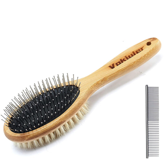 Dog Brush Cat Brush, Vokiuler Double Sided Bristle and Pin Pet Brush for Dog Grooming, Real Boar Bristle Shedding Brush with Bamboo Handle for Long Short Hair, 2 Pack Dog Comb, White
