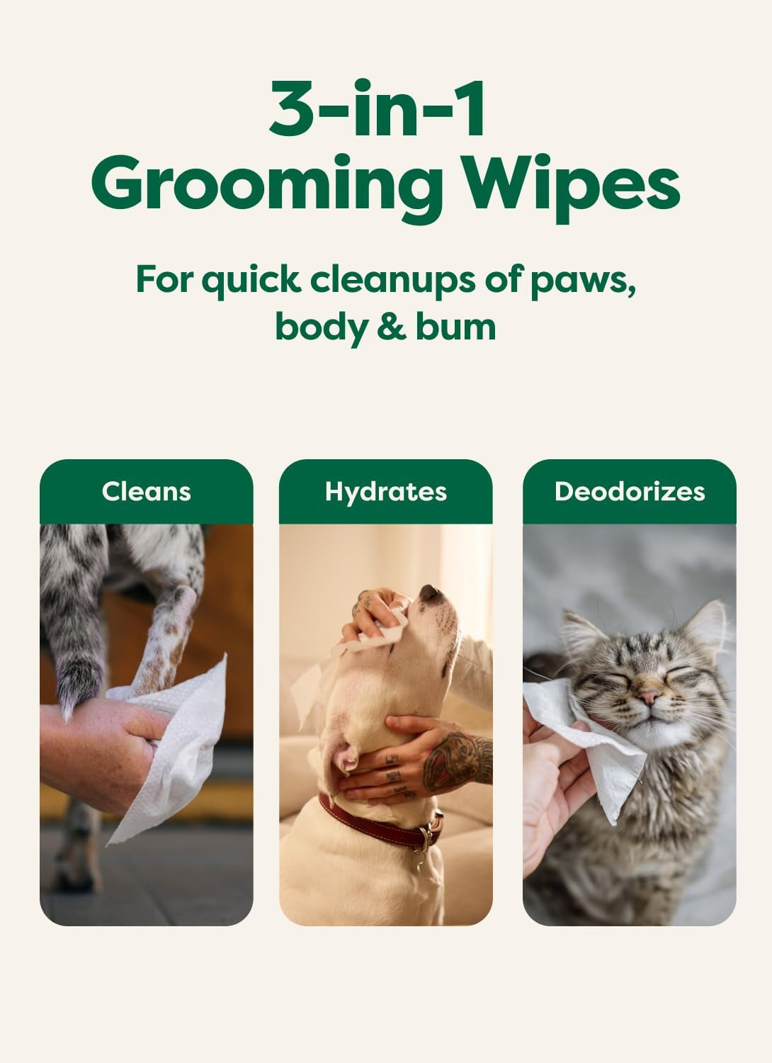 3-In-1 Dog Wipes for Paws & Butt, Deodorizing, White Tea & Basil 100Ct