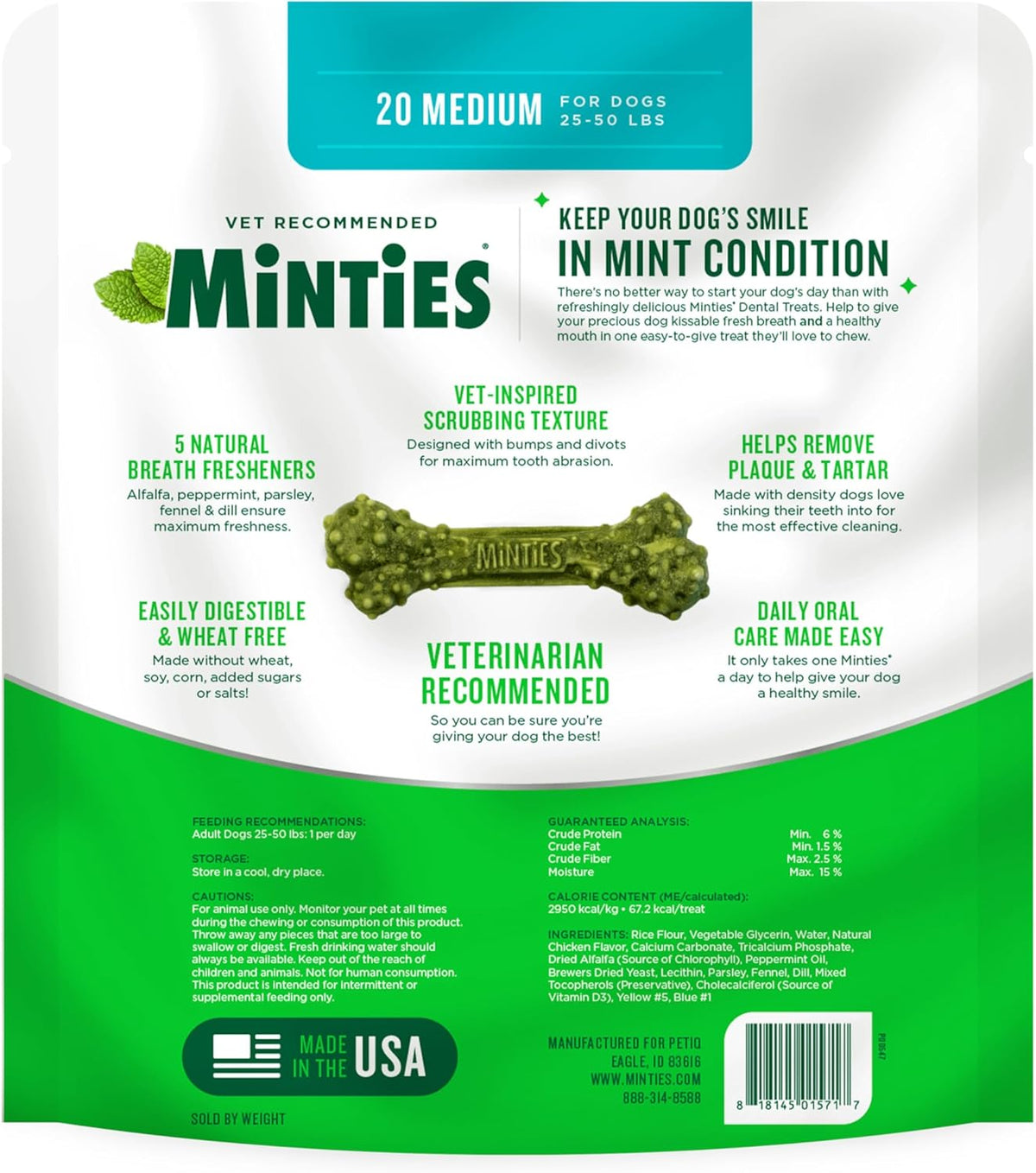 Minties Mint Dental Chews for Dogs, Medium 25-50 Lbs, 20 Ct