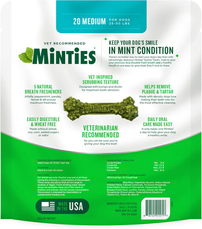 Minties Mint Dental Chews for Dogs, Medium 25-50 Lbs, 20 Ct