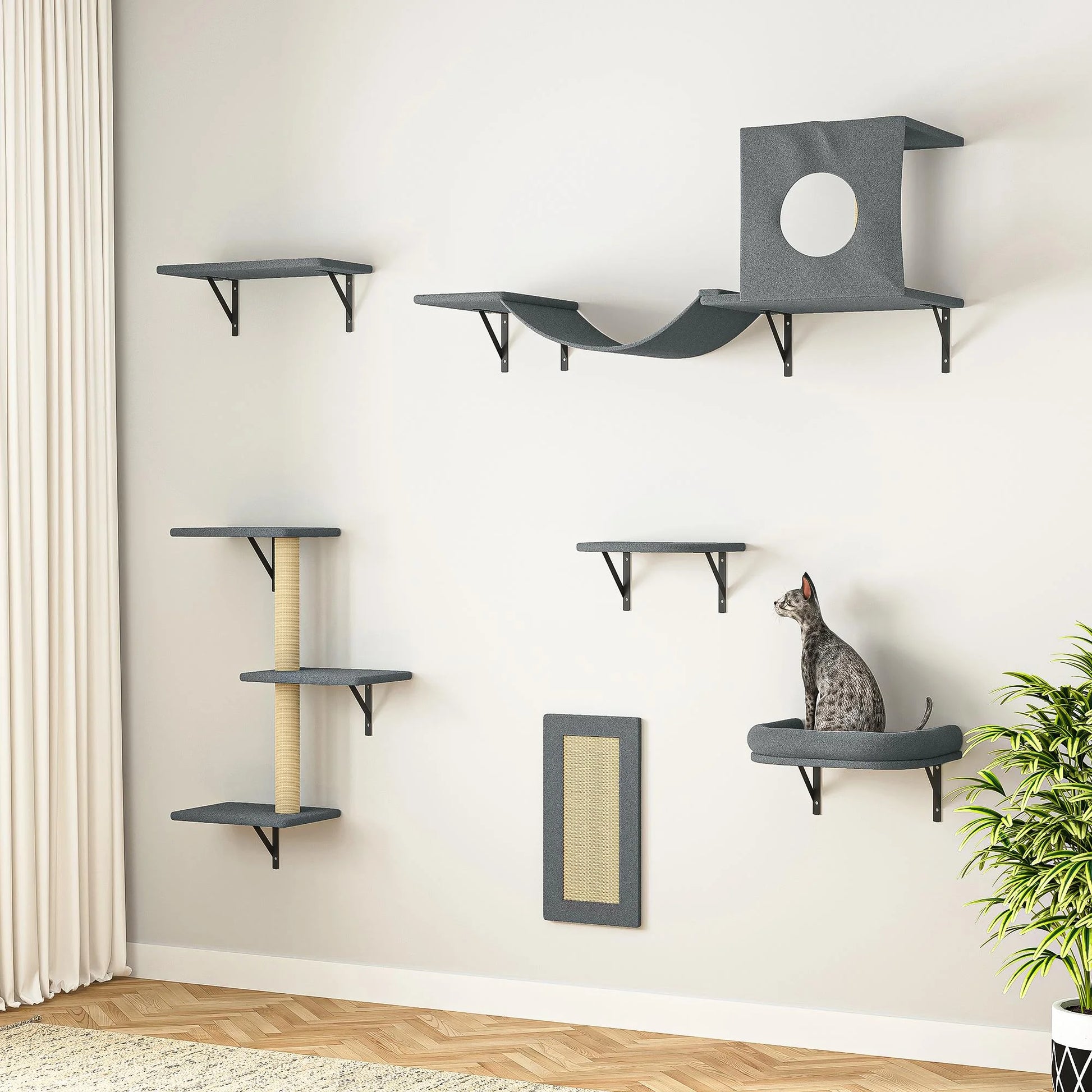 Cat Wall Shelves and Perches Set of 5, Sleeping Playing Lounging Climbing Cat Tree House for Multiple Cats, Black