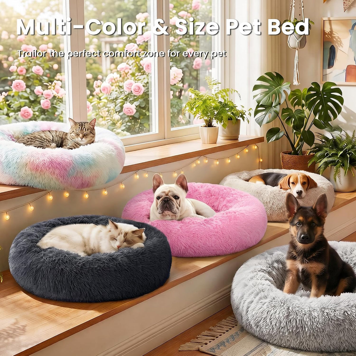 Love'S Cabin Calming Dog & Cat Bed, Cat Bed for Indoor Cats, Anti-Anxiety Donut round Bed, Fluffy Warming Pet Bed for Small Medium Dogs and Cats, Beige Taupe 20"/24"