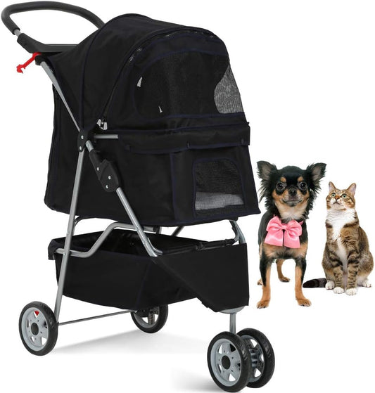 Dkeli 3-Wheel Pet Stroller, Lightweight Foldable Dog Stroller for Small Medium Dogs & Cats, Breathable Mesh & Weather Cover with Storage Basket, for Daily Walk Outdoor Travel (Black)