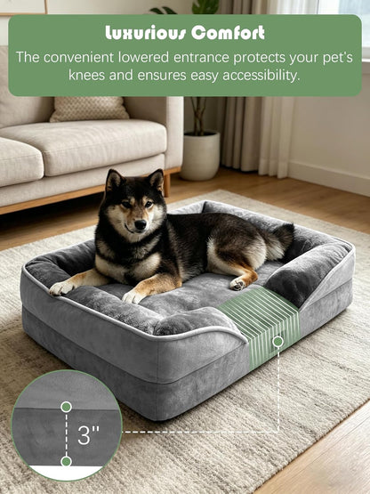 Spotted Play Orthopedic Dog Bed with Sides - Dog Sofa Beds for Medium Dogs, Supportive Foam Pet Couch Bed with Washable Removable Cover, Waterproof Lining and Non-Slip Bottom, Grey - M