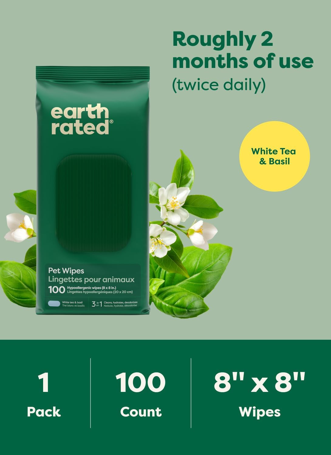 3-In-1 Dog Wipes for Paws & Butt, Deodorizing, White Tea & Basil 100Ct