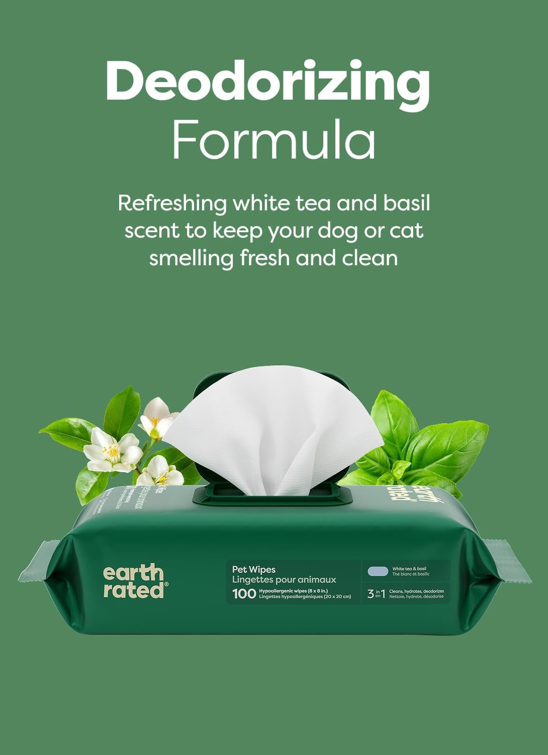 3-In-1 Dog Wipes for Paws & Butt, Deodorizing, White Tea & Basil 100Ct