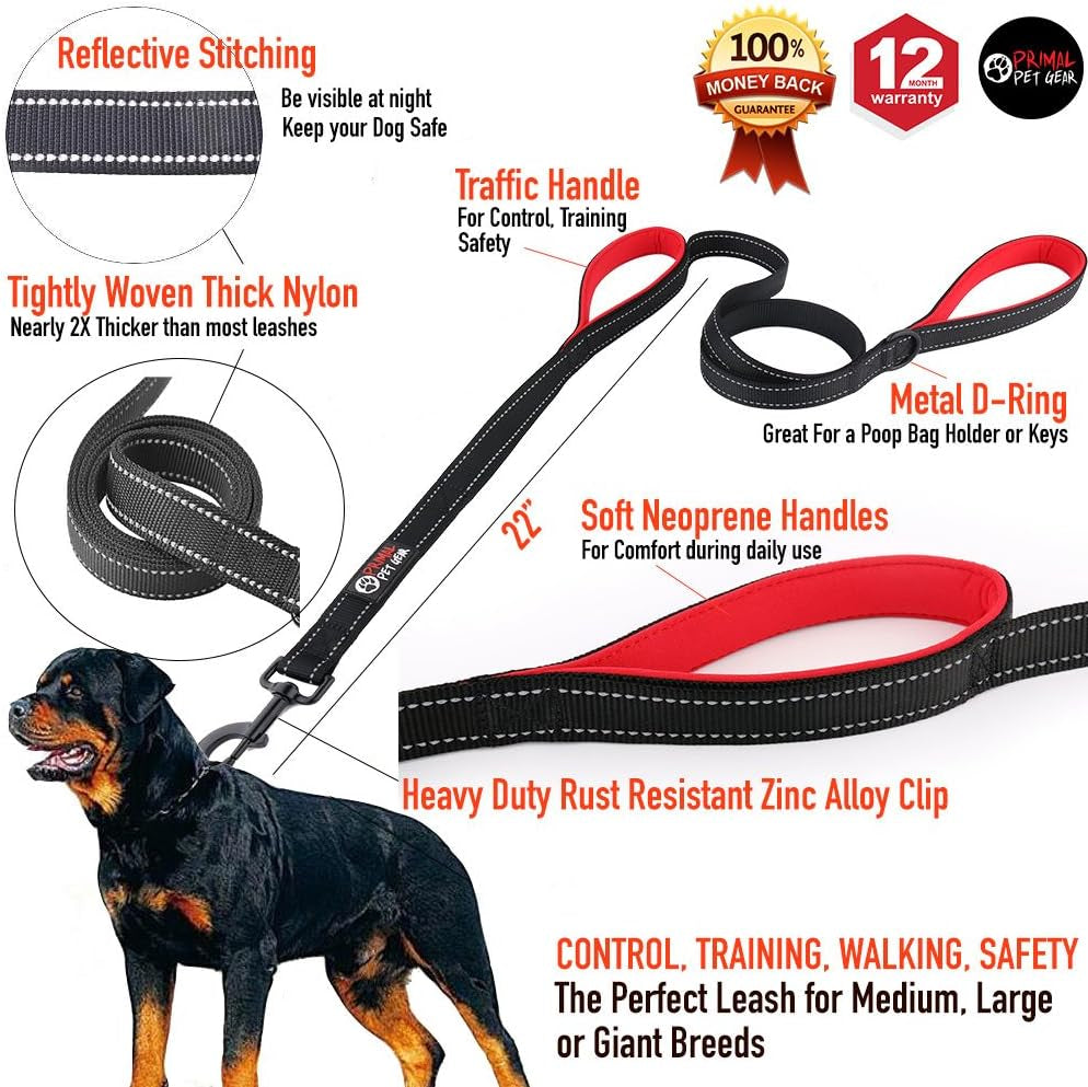 Primal Pet Gear Dog Leash 6Ft Long,Traffic Padded Two Handle,Heavy Duty,Reflective Double Handles Lead for Control Safety Training,Leashes for Large Dogs or Medium Dogs,Dual Handles Leads(Black)