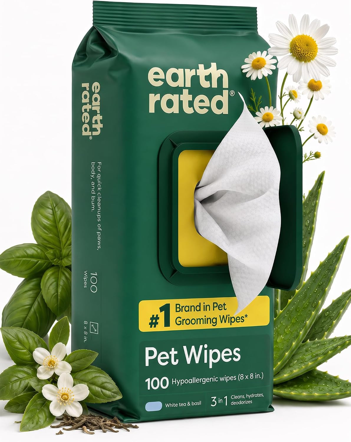 3-In-1 Dog Wipes for Paws & Butt, Deodorizing, White Tea & Basil 100Ct
