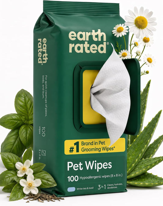 3-In-1 Dog Wipes for Paws & Butt, Deodorizing, White Tea & Basil 100Ct